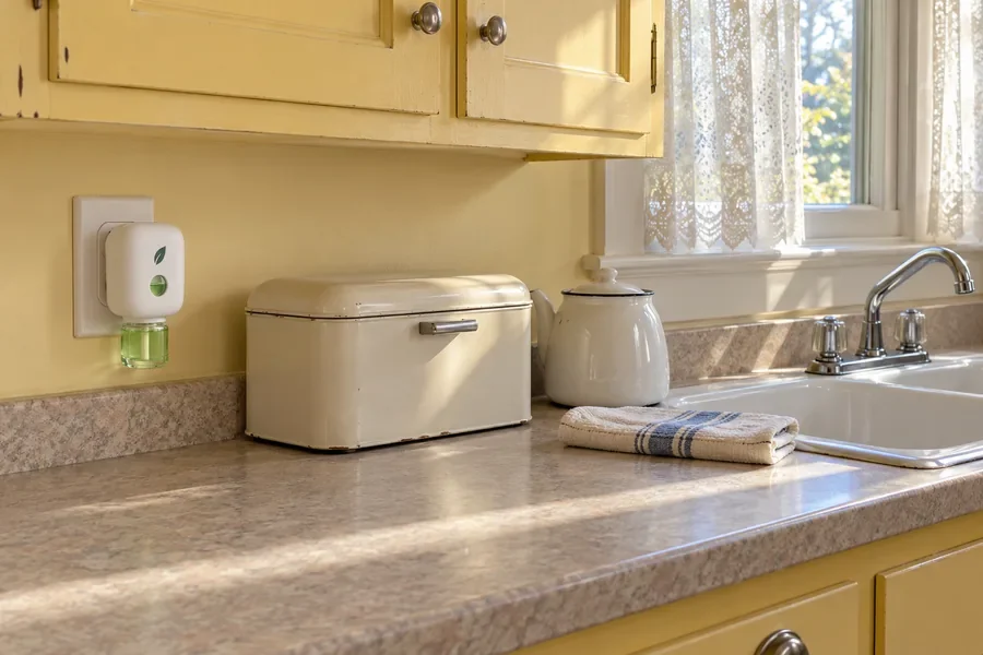 A small older kitchen in the morning: a clean counter, MintKeep plugged in low on the wall