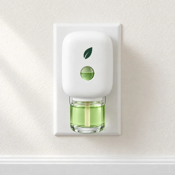 MintKeep plugged into a wall outlet, its bottle of green mint underneath