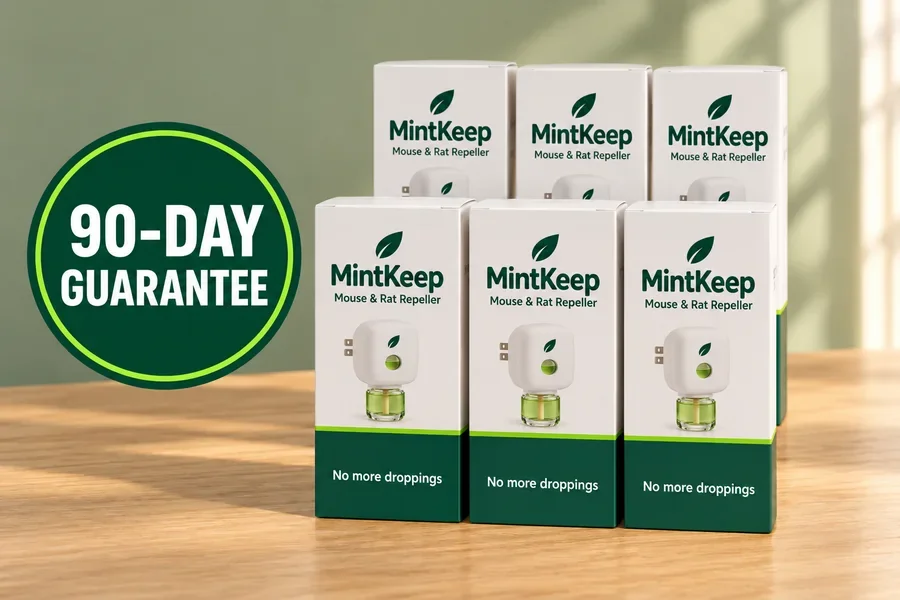 Six MintKeep boxes in two groups of three, with the 90-day guarantee and free shipping seals
