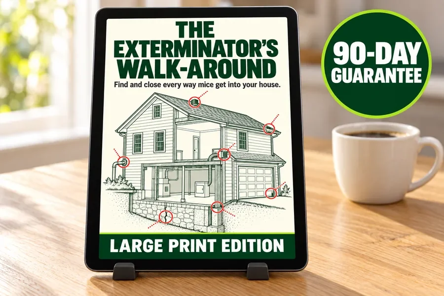 The guide's cover on a tablet on a kitchen table, with the 90-day guarantee seal