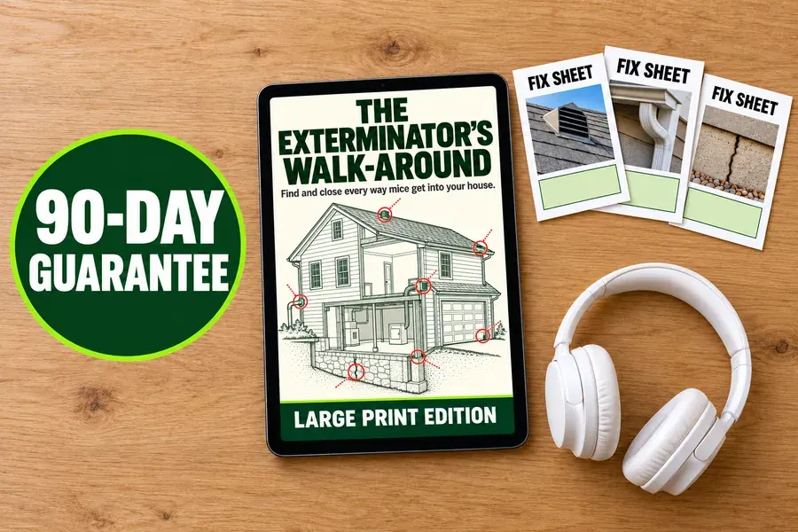 The guide's cover on a tablet, printed fix sheets and headphones for the audio version, with the 90-day guarantee seal