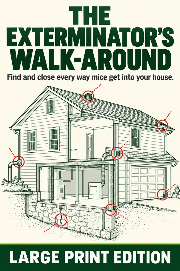 The cover of The Exterminator's Walk-Around: a line drawing of a house with red circles on every gap mice use
