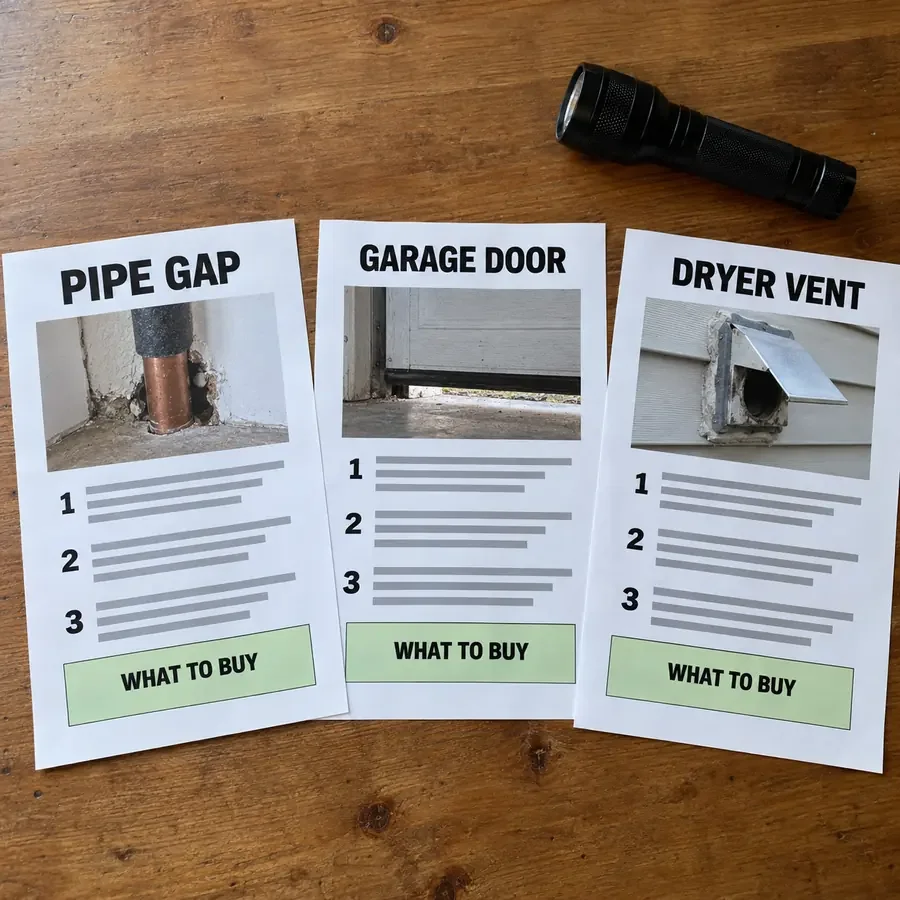 Printed fix sheets for a pipe gap, a garage door and a dryer vent on a kitchen table with a flashlight
