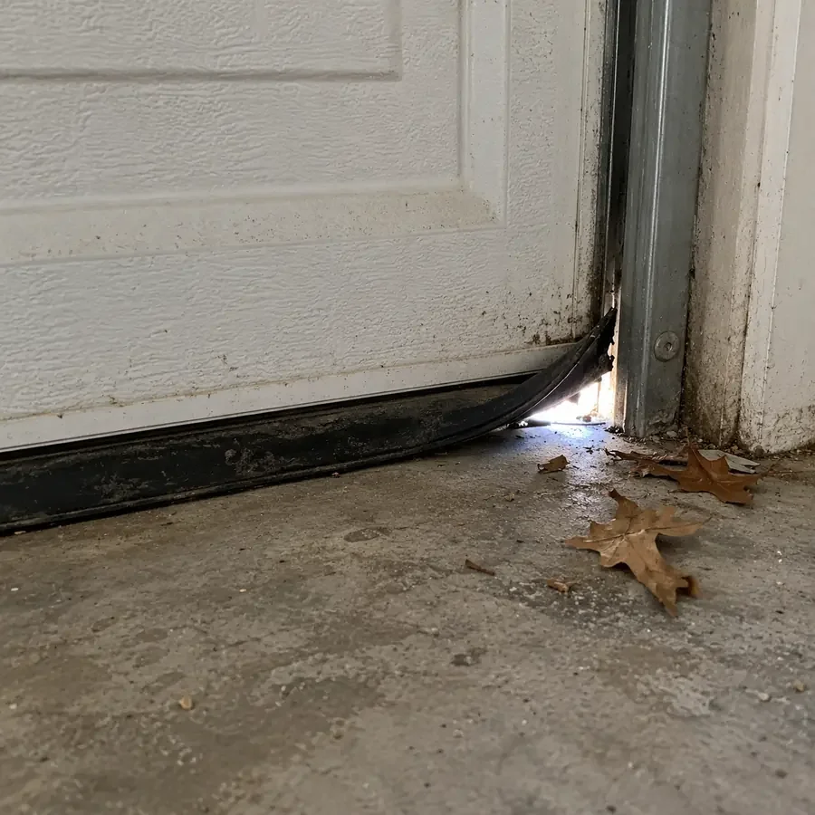 The bottom corner of a garage door, daylight showing through a gap under the worn seal