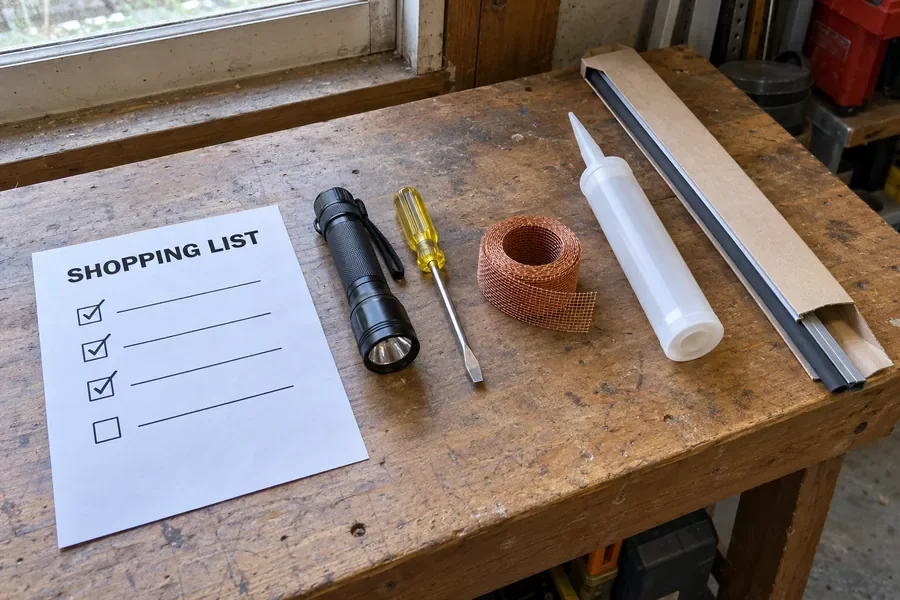 A shopping list from the guide on a garage workbench with a flashlight, a screwdriver, copper mesh, sealant and a door sweep