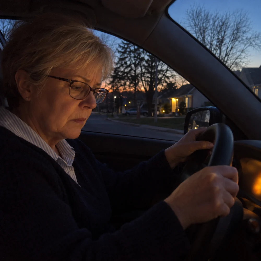 A driver looking at the check engine light at dusk