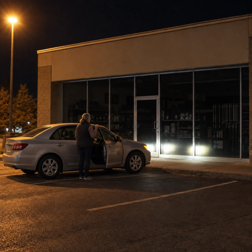 A car parked outside a closed auto parts store at night