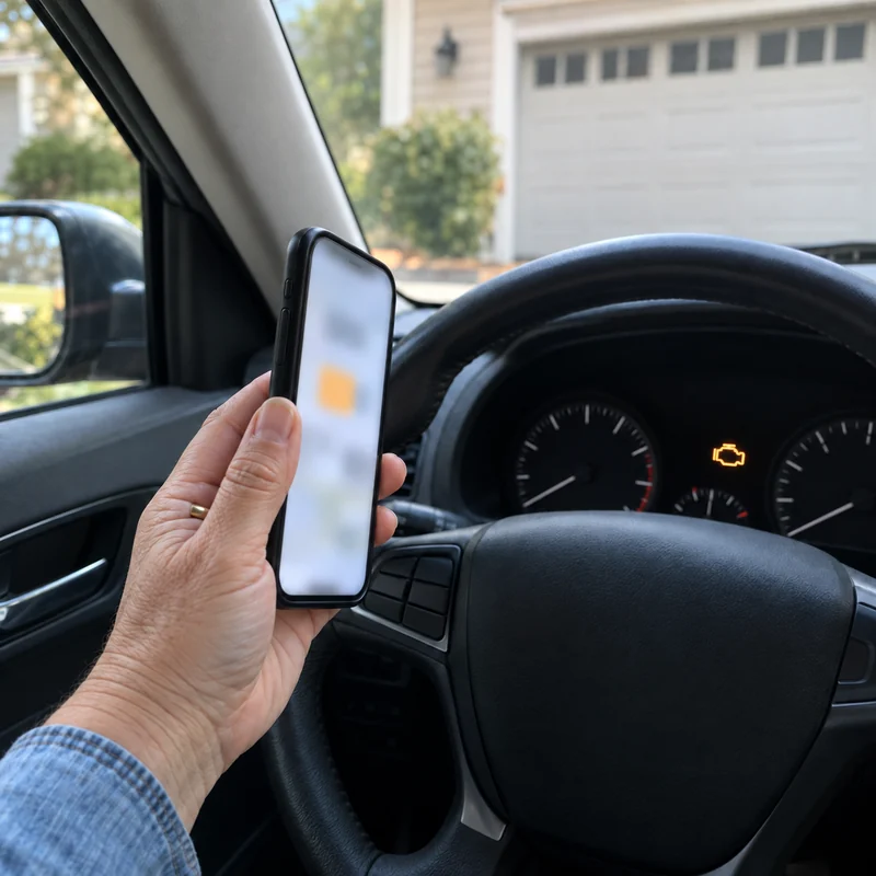 A hand holding a phone in the car, the engine light on