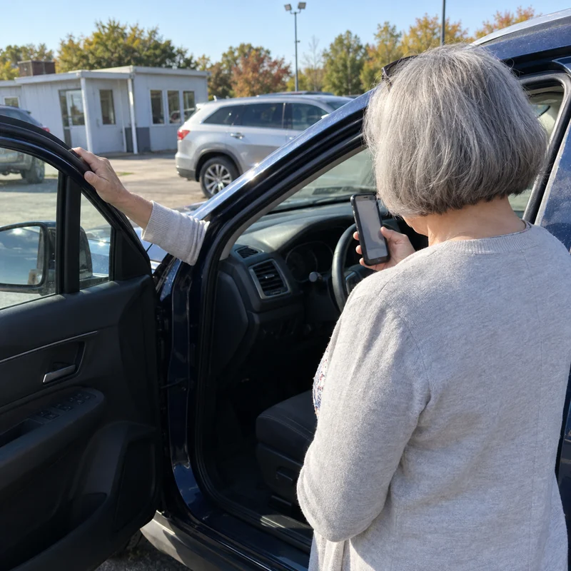 A buyer at the open door of a used car on a lot, phone in hand