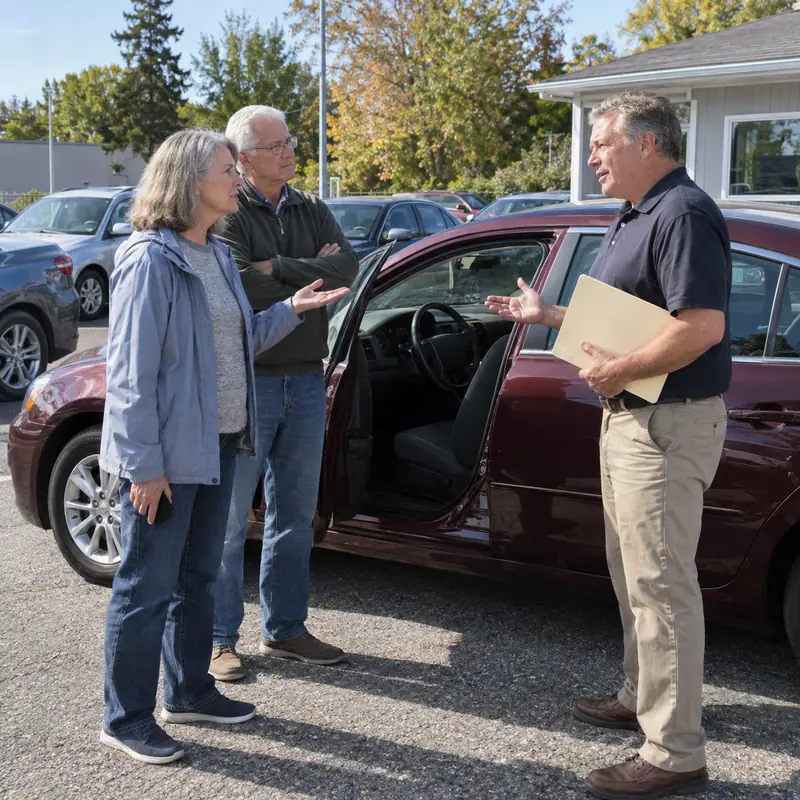 A couple asking a seller a question beside a car on a lot
