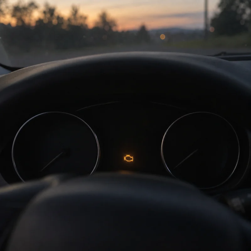 A check engine light glowing on a dark dashboard