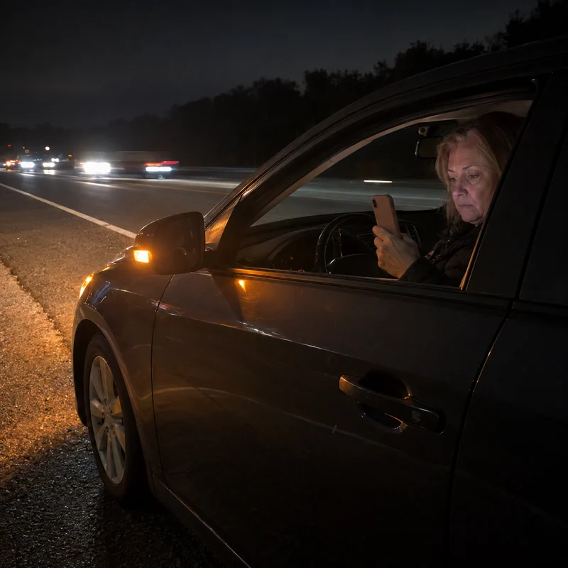 A car pulled over on the shoulder at night, hazards on