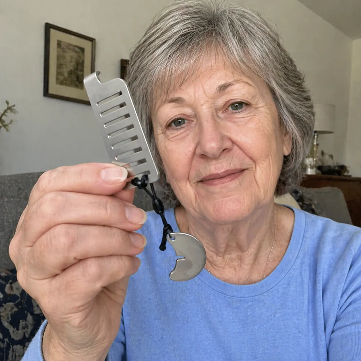 Older woman holding TerraBolt at home