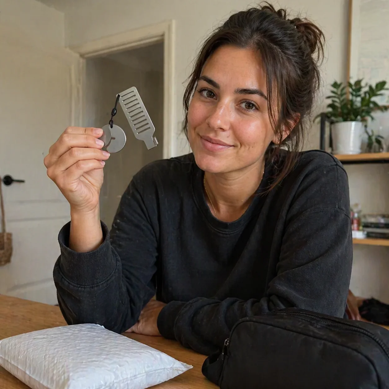 Woman holding TerraBolt in home office