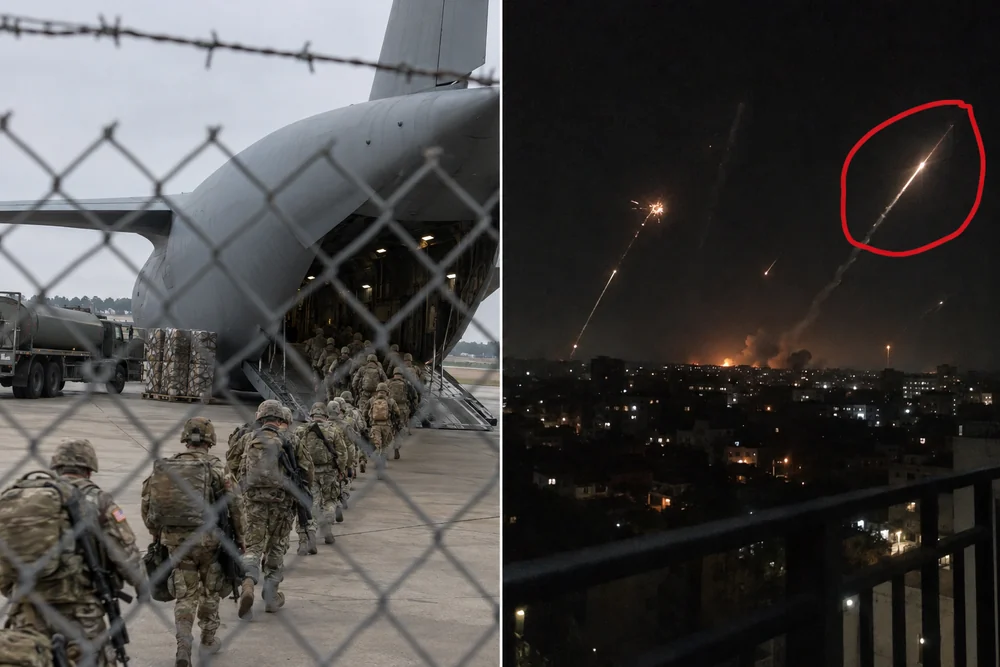 Two news photos side by side: soldiers with packs filing up the ramp of a military cargo plane at an American air base, seen through the base fence, and missile trails streaking over a city at night with the biggest one circled in red