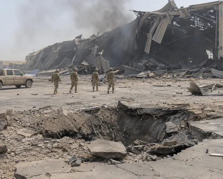 An American air base overseas the morning after an Iranian missile strike: a hangar caved in and still smoking, a crater in the taxiway, soldiers walking the debris