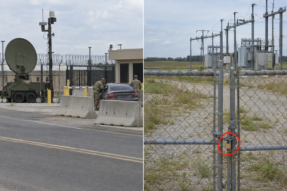 Two photos side by side: guards, concrete barriers and a radar trailer at a military base gate, and an unguarded substation whose gate is held by one small padlock, circled in red