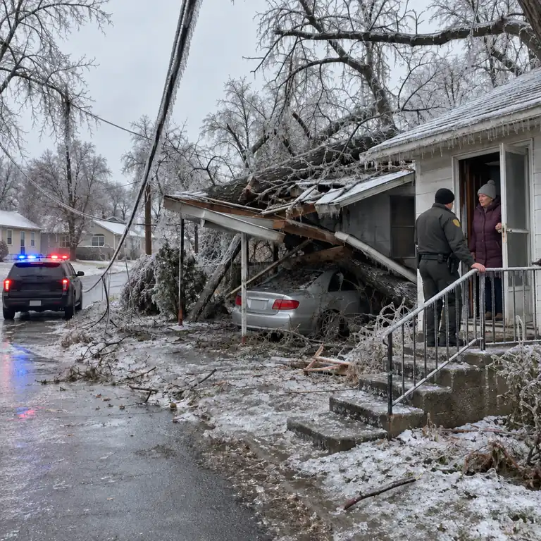 The third day of an ice storm: a tree crushed through a carport onto the car beneath, an iced power line hanging into the yard, and a deputy on the frozen steps checking on an old woman at her door