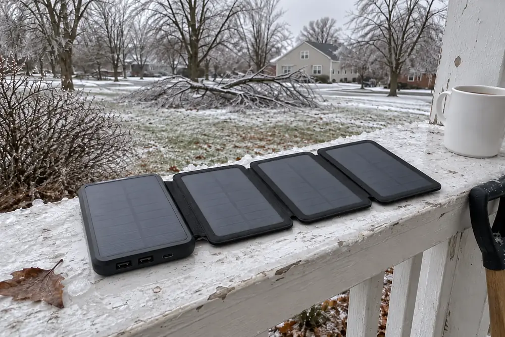 TerraCell opened like a book on a frosted porch rail on a plain winter morning, its four solar panels facing the sky, a coffee mug beside it