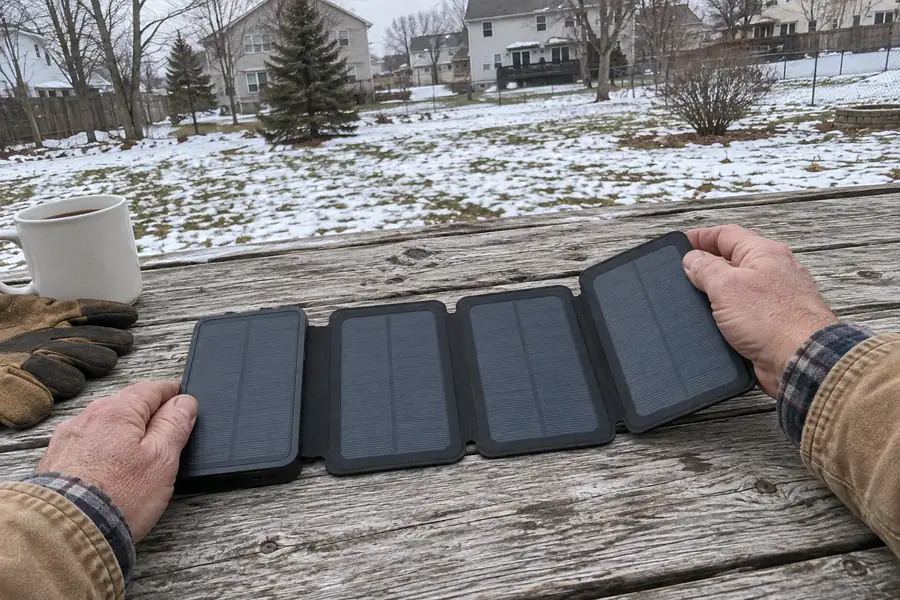 A man's weathered hands opening a TerraCell like a book on a backyard picnic table on a grey winter day, snow and houses behind