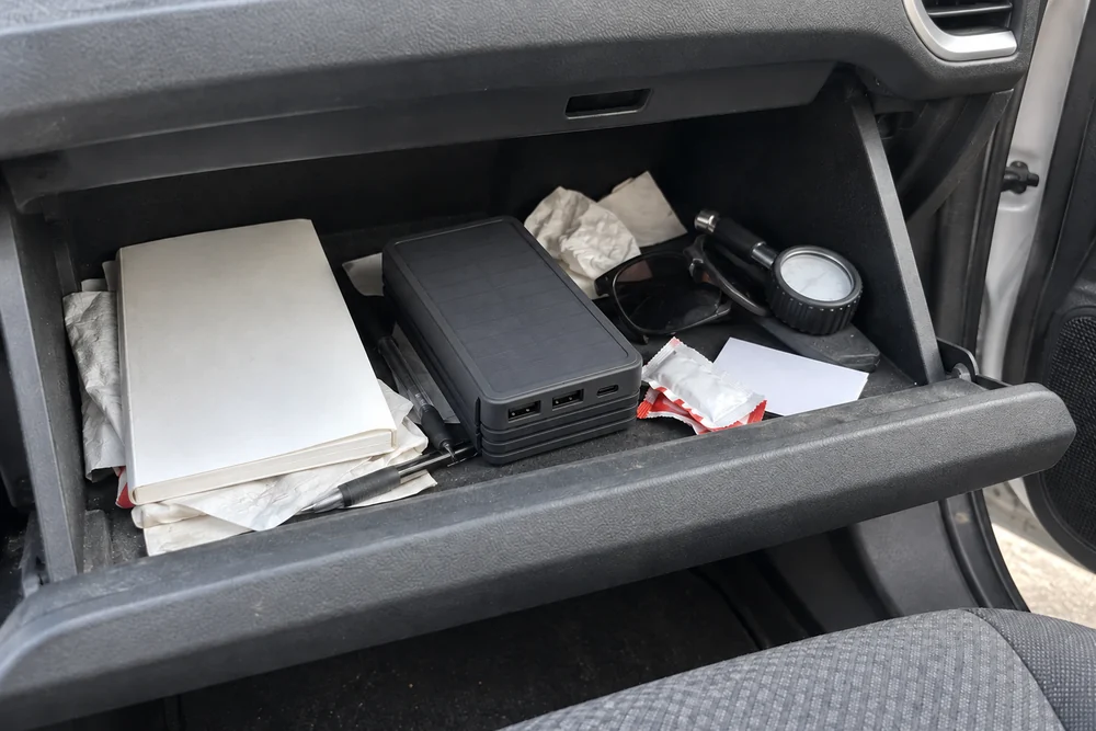 A folded TerraCell in a cluttered car glove box beside the owner manual, a tire gauge, napkins and receipts