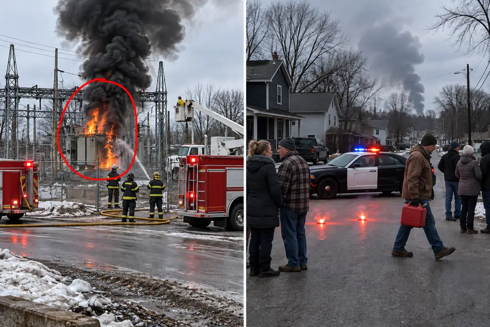 Two photos side by side: a town's substation transformer on fire with black smoke and fire crews, circled in red, and neighbors in a street of dark houses behind a police cruiser and road flares, one carrying a gas can
