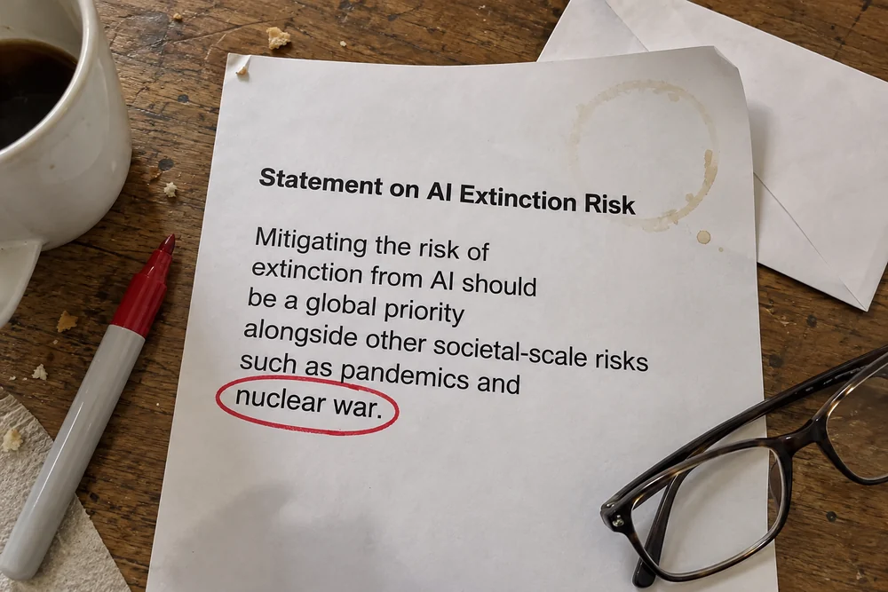 A printed page on a kitchen table: Statement on AI Extinction Risk, with the words nuclear war circled in red marker
