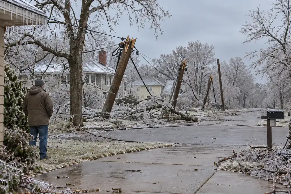 A street after an ice storm: snapped utility poles and iced lines down across the road, nobody working on them, a neighbor in a coat looking at the damage