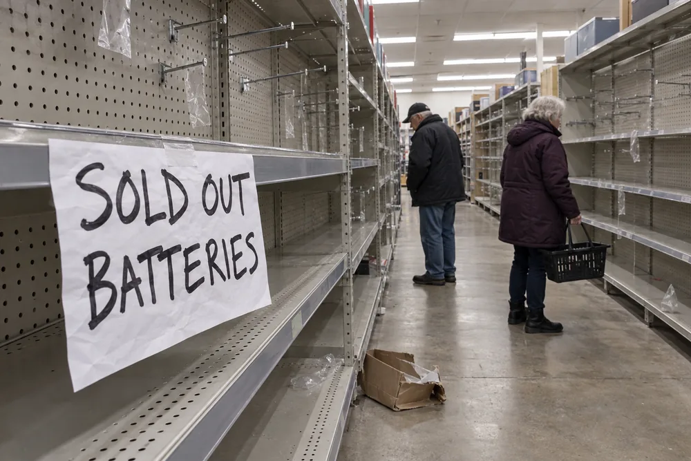 A hardware store aisle stripped bare of batteries and flashlights, a handwritten Sold Out sign on the empty shelf