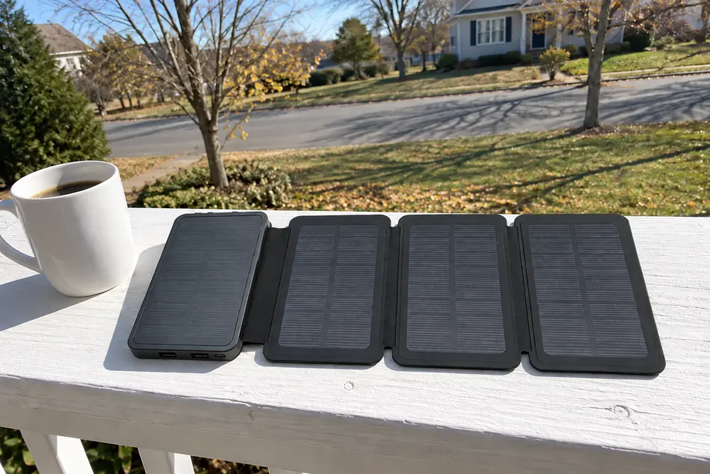 TerraCell opened like a book on a white porch rail in full morning sun, its four solar panels facing the sky, a coffee mug beside it