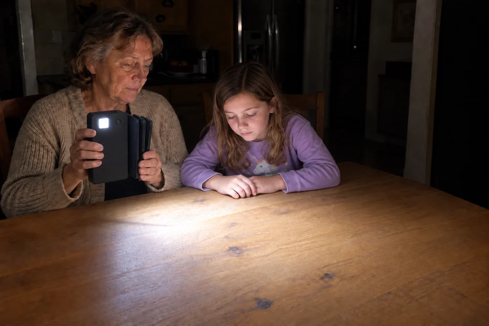 A kitchen at night with the power off: a woman holds up her folded TerraCell, the square LED light on its back lighting the table and her granddaughter's hands beside her