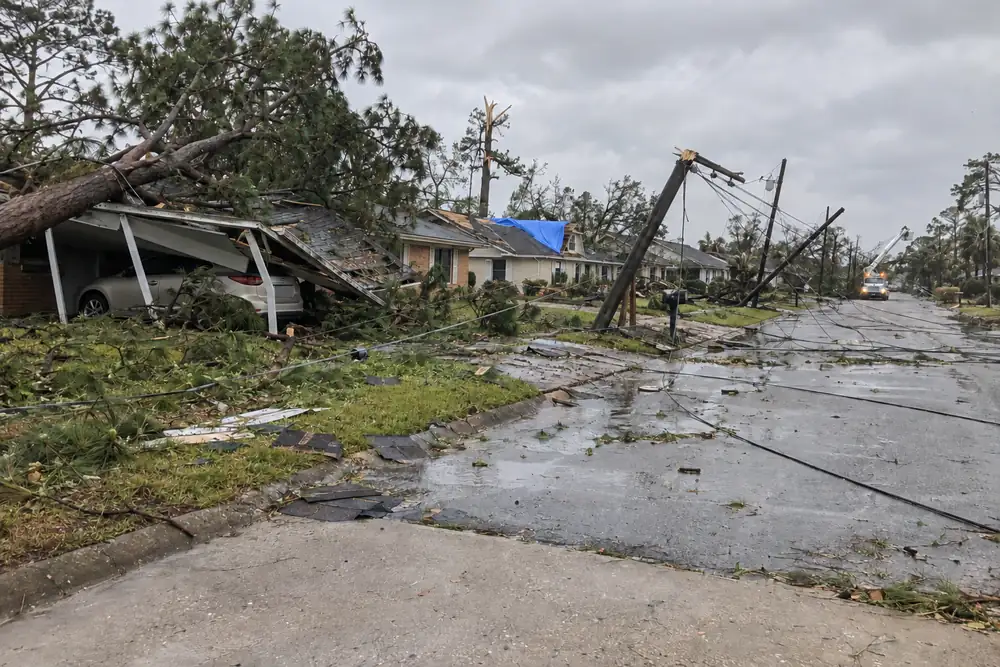 A residential street the morning after a hurricane: snapped utility poles, power lines across the road and a fallen pine on a carport