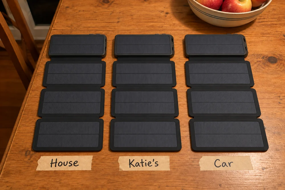 Three TerraCells laid open on a kitchen table, each over a strip of masking tape labeled House, Katie's and Car