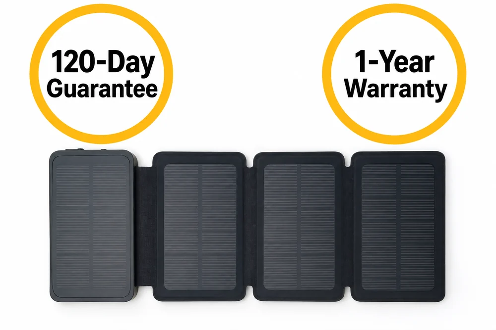 TerraCell opened flat on white with two seals: 120-Day Guarantee and 1-Year Warranty