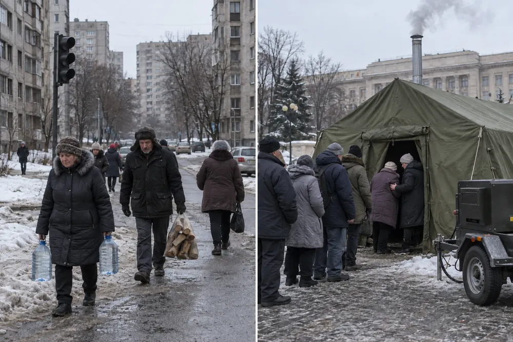 Two photos from a cold city the day after hackers cut its power: a dead traffic light over a street of dark apartment blocks, people carrying water and firewood, and a line at a heated tent in a square