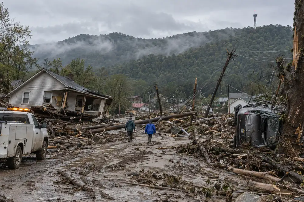A mountain town wrecked by a hurricane flood, a cell tower still standing on the ridge above it