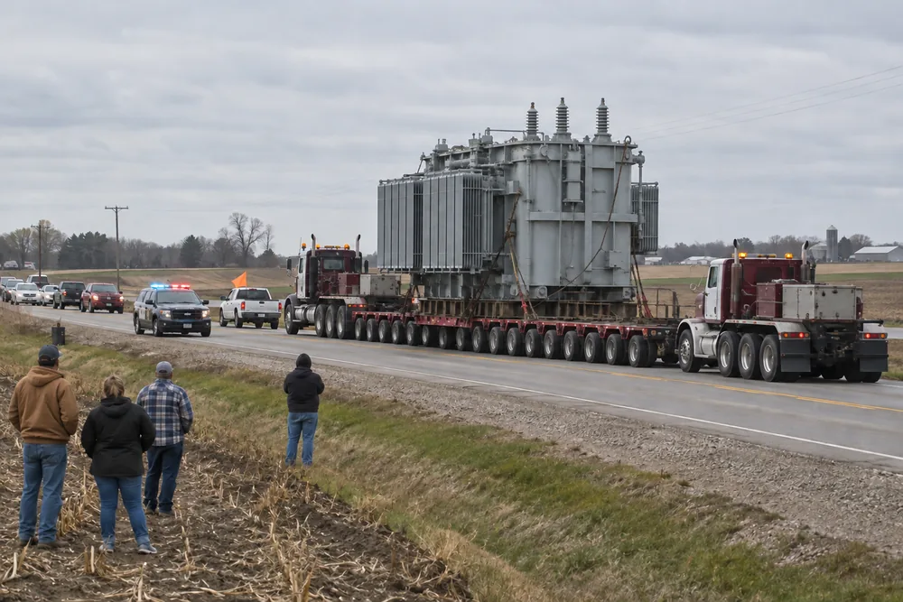 A house-sized transformer crawling down a rural highway on a giant trailer behind a police escort, people watching from a field