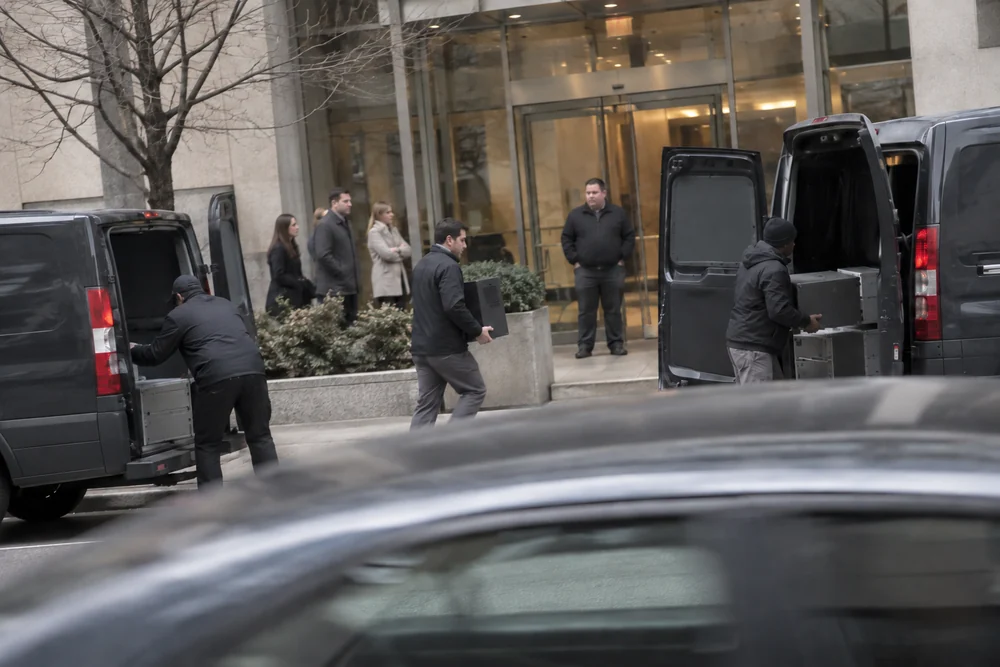 Agents in dark jackets carrying computer towers out of an office building into unmarked vans on a grey morning