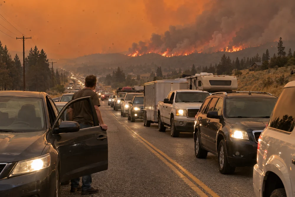 A highway jammed with cars leaving town under an orange smoke sky, a wildfire burning on the ridge behind