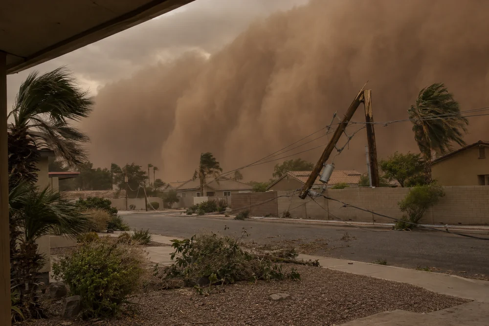 A wall of dust rolling over a desert neighborhood, a snapped utility pole leaning on a block wall, no people