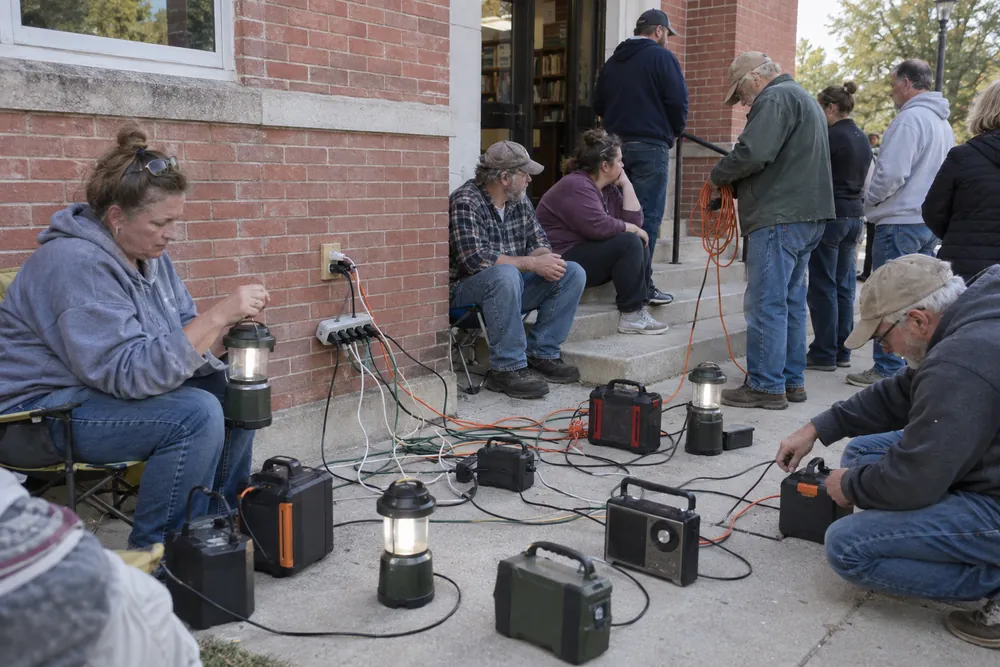 A crowd on a library sidewalk sharing one outlet, extension cords running to lanterns, battery packs and radios