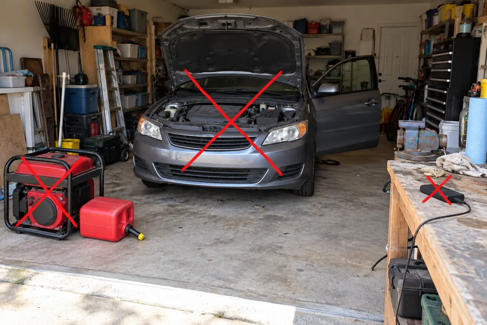 A home garage in an outage: a generator with an empty gas can, the car and a small power bank, each crossed out with a red X