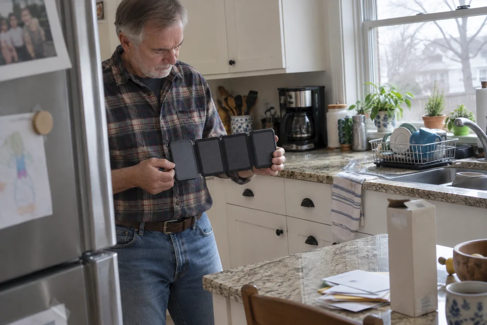 A man at his kitchen window unfolding his TerraCell in both hands, its four solar panels opening