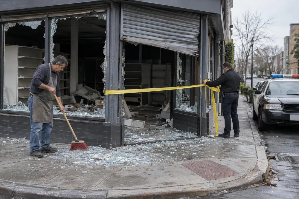 A corner store looted in the blackout, windows smashed and glass on the sidewalk, a police officer taping the door and the owner sweeping