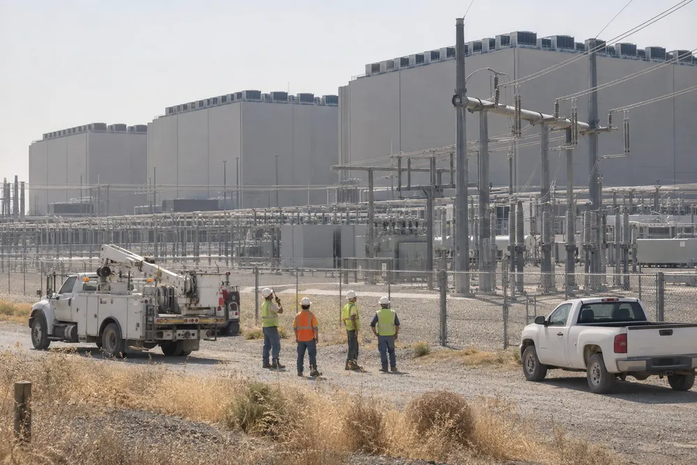 A line crew outside the substation of a giant data center campus on a hot, hazy afternoon