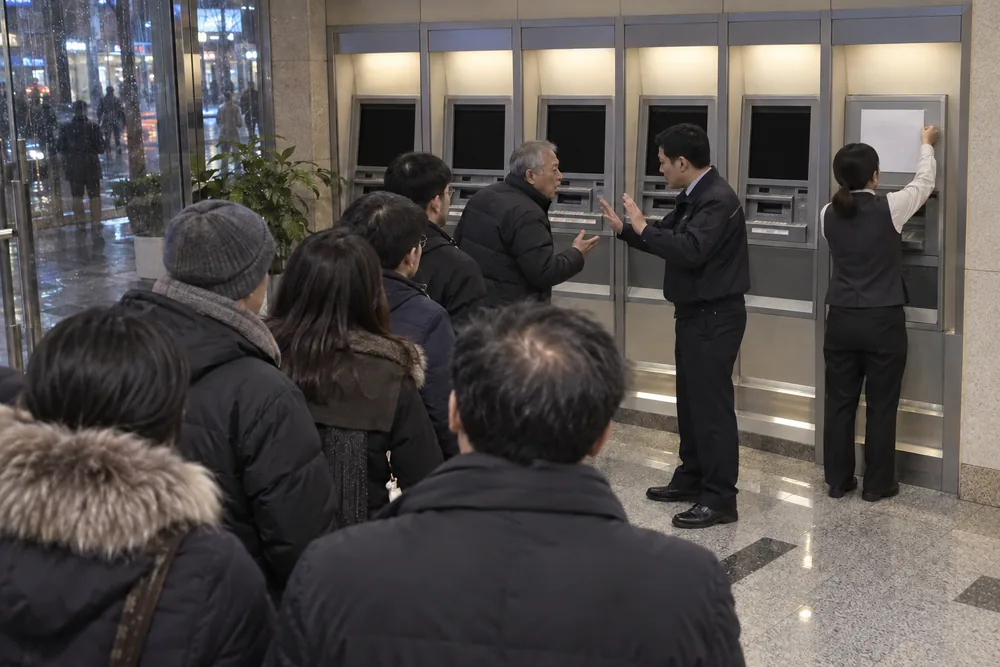 A line of customers at a row of dead cash machines inside a Seoul bank, a security guard calming an older man while a bank worker covers one machine with a blank sheet