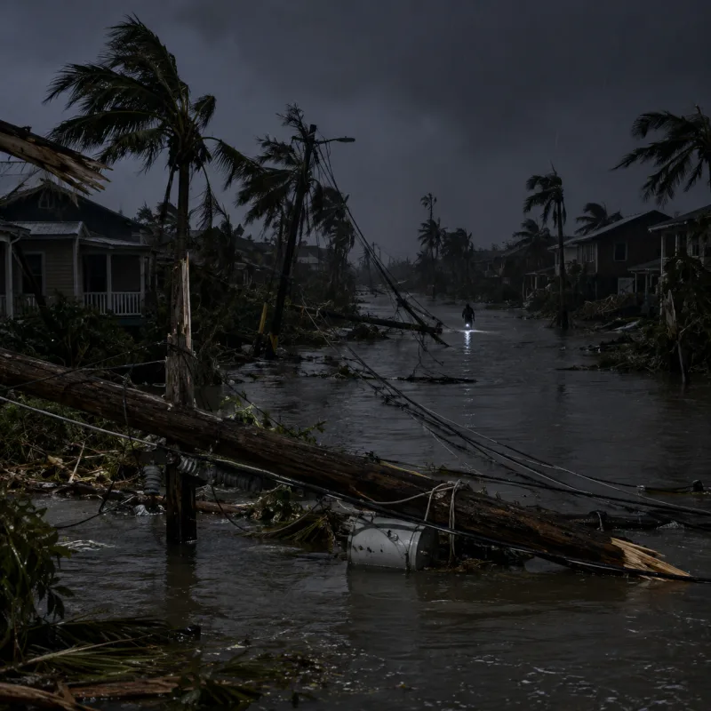 A flooded street of dark houses after a hurricane, power poles snapped and lines down in the water, one flashlight far down the street.