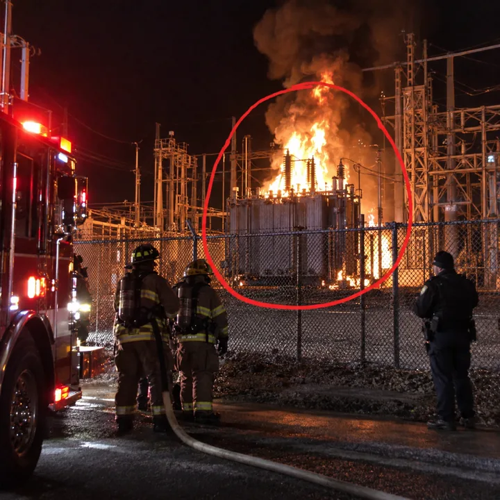 A substation transformer burning at night, circled in red, firefighters holding a hose line back and a deputy at the fence.