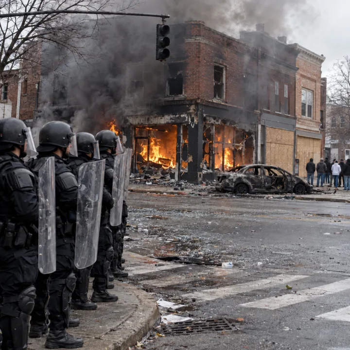 A corner shop still burning the morning after a riot with no fire truck in sight, a burned-out car at the curb, police in riot gear lined up across the street.
