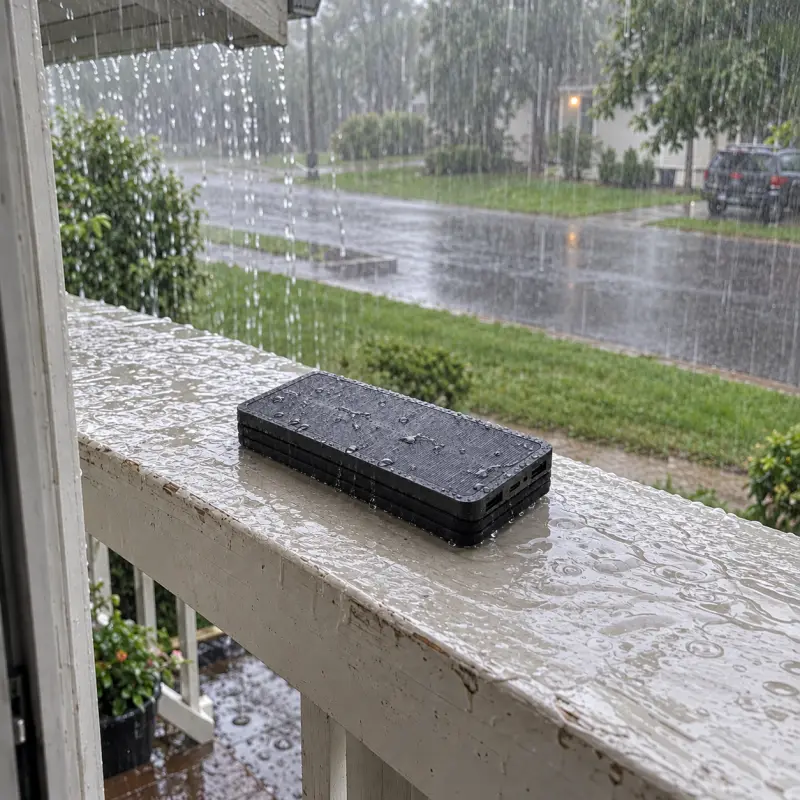 The folded TerraCell soaked on a porch rail in a downpour.